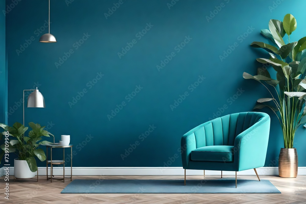 Green armchair against blue wall with silver painting in living room interior with plants Green armchair against blue wall with silver painting in living room interior with plants