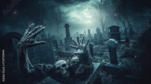 Zombie hand in dark forest. Halloween concept