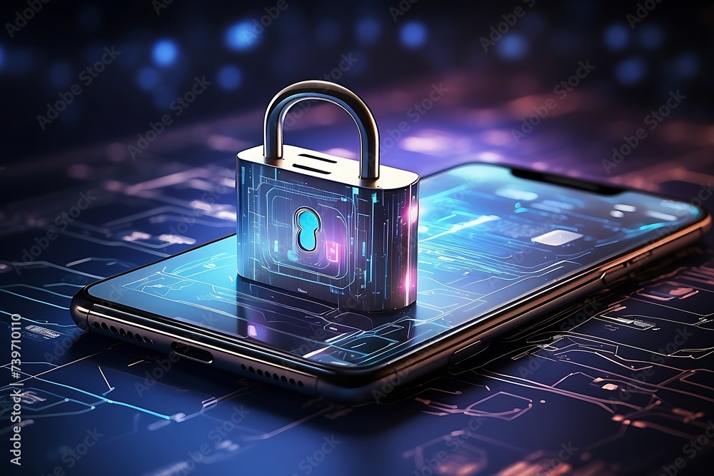 smartphone with glowing polygonal web security shield hologram on dark background. Digital interface and protection concept. smartphone with glowing polygonal web security shield hologram on dark background. Digital interface and protection concept.