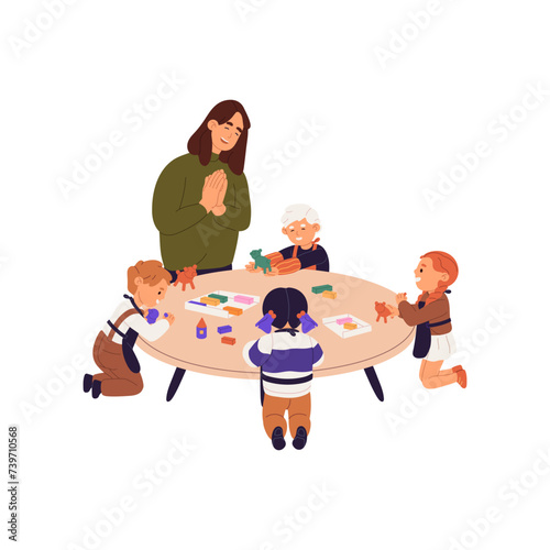 Kids kneeling, create clay figures on the table. Art class teacher teach children. Girls, boys sculpt with plasticine. Childs fine motor skills development. Flat isolated vector illustration on white
