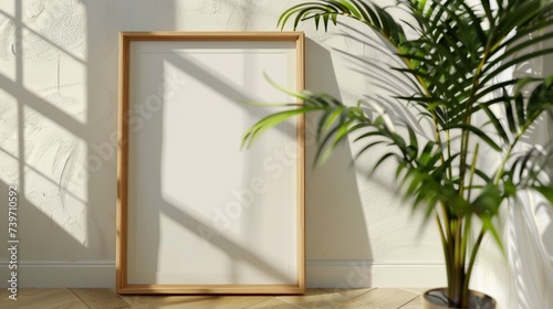 A chic frame mockup with ISO A paper size print on display in a cozy corner of a brightly lit living room with a houseplant in the background © SHAPTOS