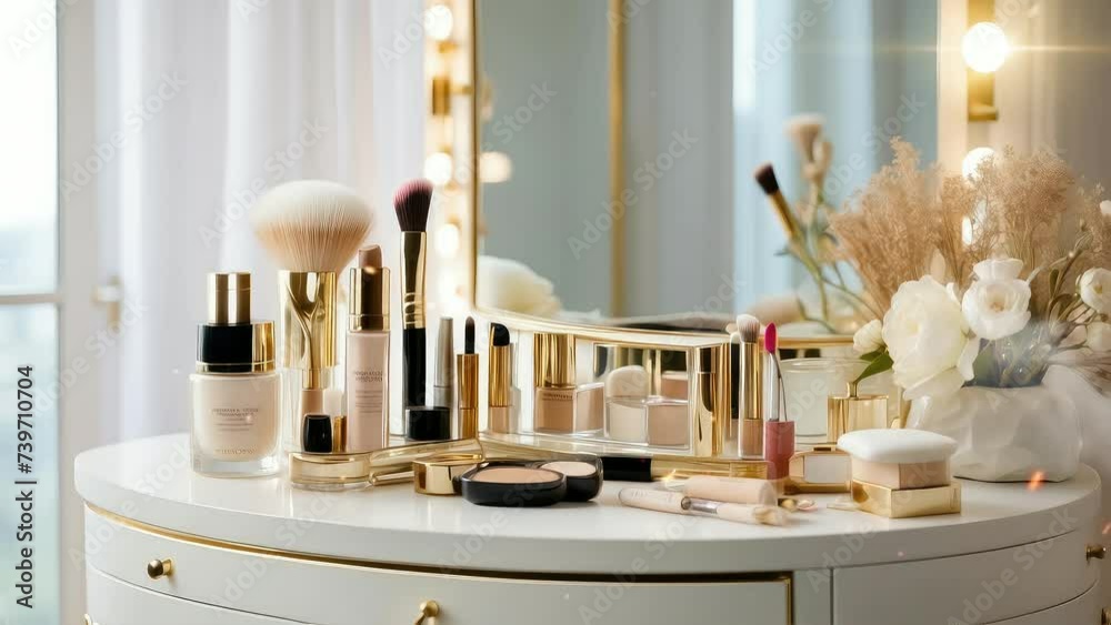 Animation classic makeup table with white and gold theme seamless 4k video background. generated with ai Animation classic makeup table with white and gold theme seamless 4k video background. generated with ai