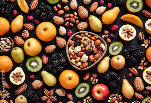 Assorted Nuts and Fresh Fruits on a Dark Background