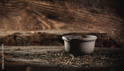 Dried leaf tea in a bowl © mnimage