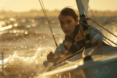 Young Sailor Steering a Dinghy in Rough Waters at Golden Hour © KirKam