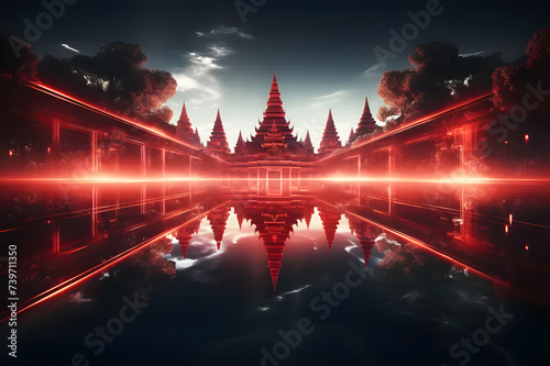 Holographic of digital temp display red background. White Temple at Thailand at evening with bright sky and clouds. Panorama view. Image showing technology.