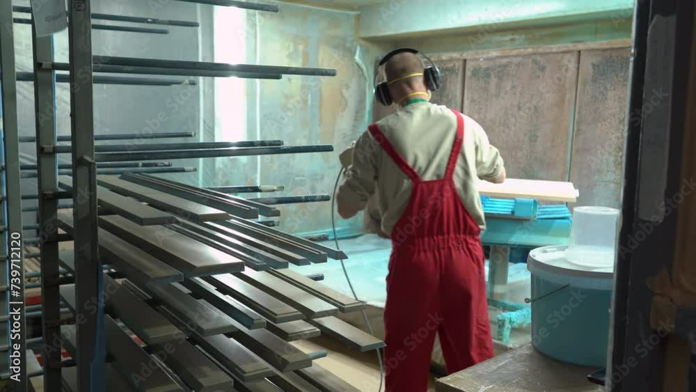 Factory worker paints wooden furniture with a spray gun. Spraying paint on furniture parts in furniture manufacturing Factory worker paints wooden furniture with a spray gun. Spraying paint on furniture parts in furniture manufacturing