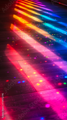 close-up image showcasing a creative and minimal indoor space. The scene includes playful interactions with colorful lights. These lights cast vibrant, multicolored hues across the simple, elegant roo
