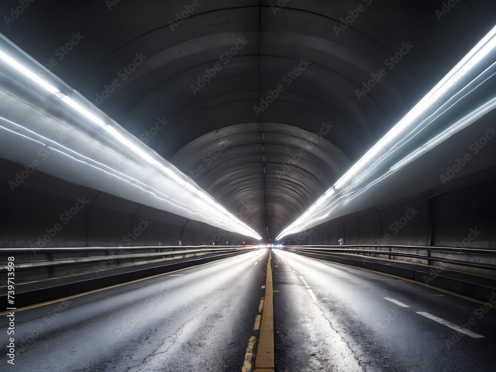 Motion blur shot of an empty road under a tunnel with a white light design.