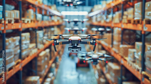 Smart logistics in warehouse, An autonomous drone with a high-resolution camera flies through warehouse aisles, potentially for inventory management. Modern innovative technology and gadget. AI