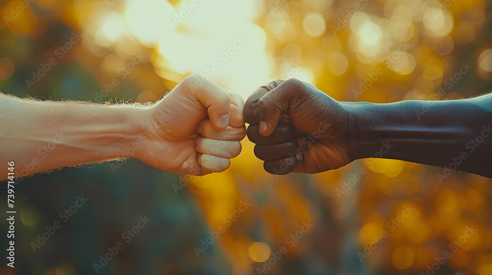 Close-up of two hands of different skin colors on a blurred background, symbolizing peace and understanding between different races. fist bump. AI Generated Close-up of two hands of different skin colors on a blurred background, symbolizing peace and understanding between different races. fist bump. AI Generated