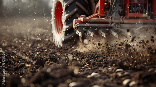 Seed Planting Machinery at Work in Agricultural Field. Close-up view of a seed drill in action, precisely distributing seeds into the soil in an agricultural field. AI photo