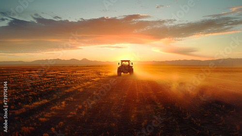 As the sun sets over the horizon  a tractor tirelessly works the dry fields  leaving behind a dramatic dust cloud. AI Generated