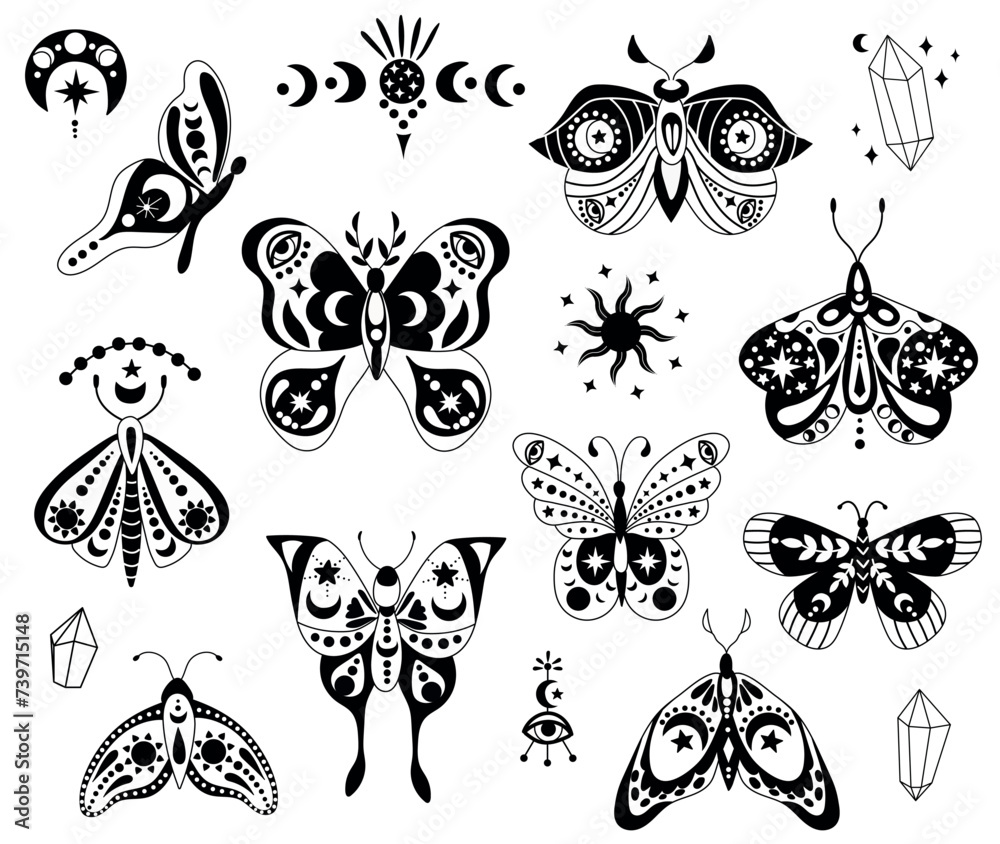 Fototapeta premium Set of Mystical Butterflies. White background, isolate