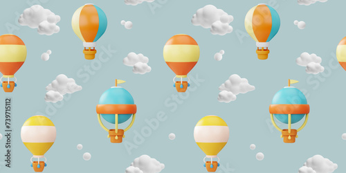 Seamless pattern with hot air balloons with basket in the clouds, 3d vector cartoon various aerostat flying in the sky