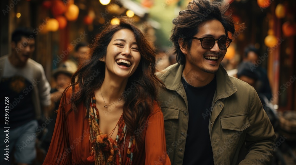 Smiling Fashionable Asian Couple Enjoying City Walk. Smiling Fashionable Asian Couple Enjoying City Walk.
