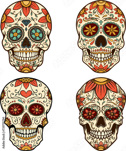 Illustration of mexican sugar skull. Day of the dead. Dia de los muertos. Vector illustration