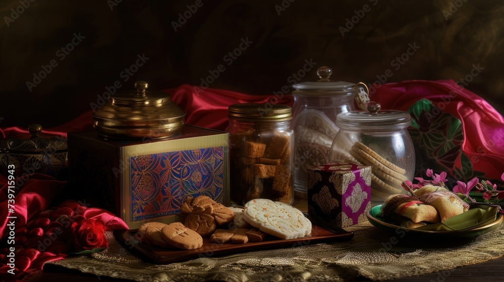 Basket with tasty cookies on table against black background