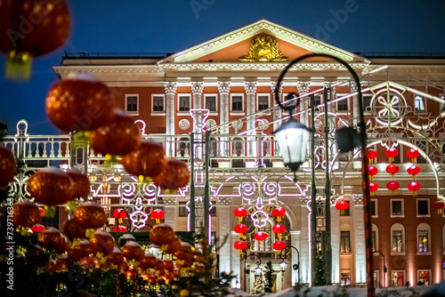 Chinese New Year. Red Chinese lanterns. Evening festive illumination photo