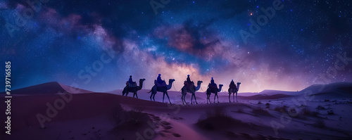 Camels carrying a caravan over sand dunes beneath the Milky Way a moment frozen in time hinting at the universes wonders © Atchariya63