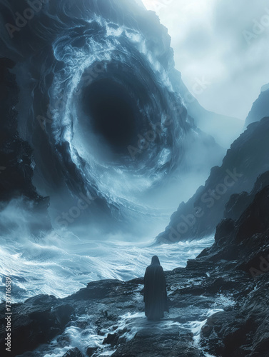 Digital artwork of a futuristic black hole portal on a rocky alien landscape