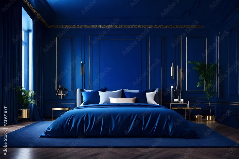 Luxury blue in the interior design room. Navy color walls and bed. Dark