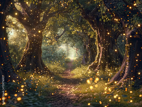 A magical forest pathway illuminated by countless fireflies, creating a dreamlike atmosphere with a sense of wonder. 