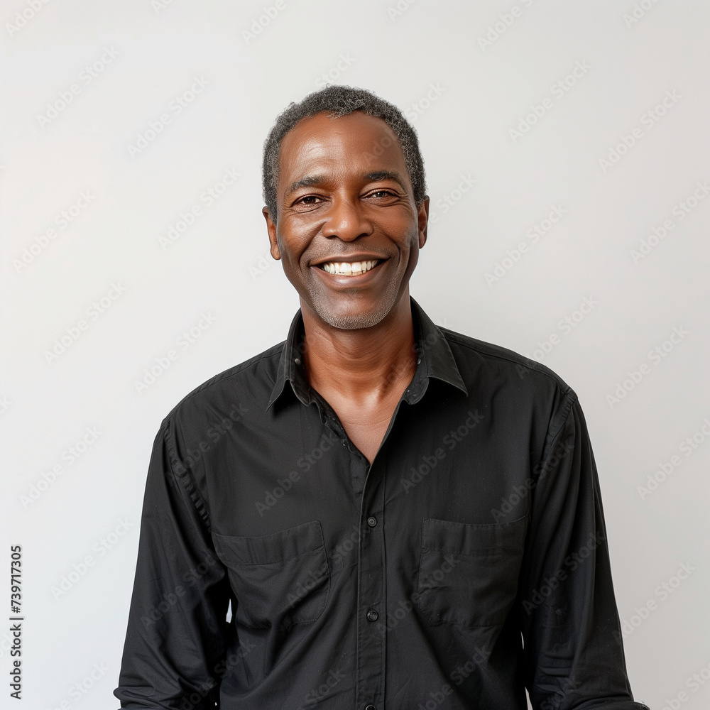 Obraz premium Warm and Engaging Portrait of a Mature African American Man in a Black Shirt with a Genuine Smile, Ideal for Corporate and Lifestyle Uses Against a Neutral Background