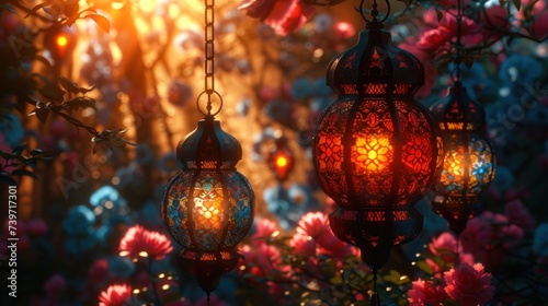 Lanterns in arabic style on the background of sunset