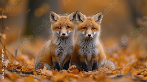 Twin Foxes in Autumn Leaves Captivating Portrait. © _veiksme_
