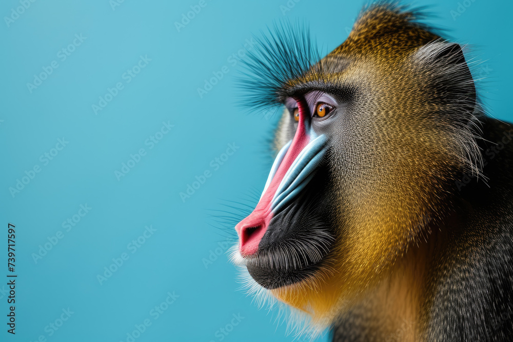 Fototapeta premium Mandrill on blue background copy space