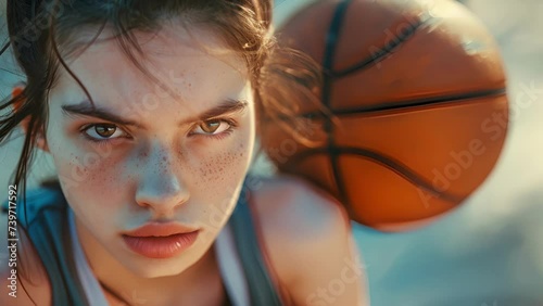 A teenage girl with a fierce expression her hand gripping a basketball as she proves her resilience and determination on the court after a difficult childhood, female Holding Basketball Near Her Face