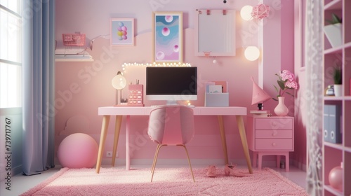 Mockup frame on a girl's study desk in a cute style room interior, 3D rendering. Generative Ai
