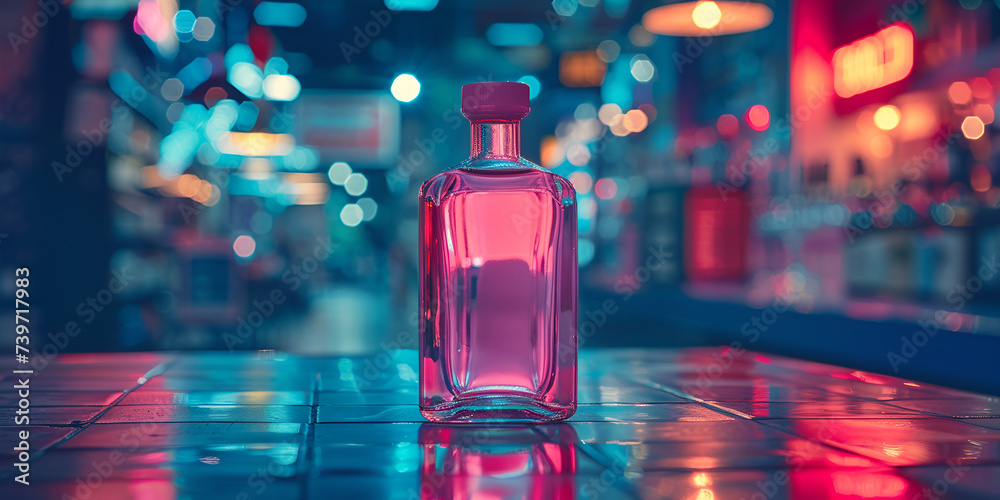 A bottle of perfume with a blue sky behind it - obrazy, fototapety, plakaty 