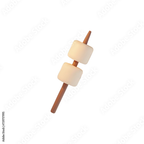 Marshmallows on wooden stick for toasting, 3D render vector sweet snacks for picnic, camping tasty dessert food isolated