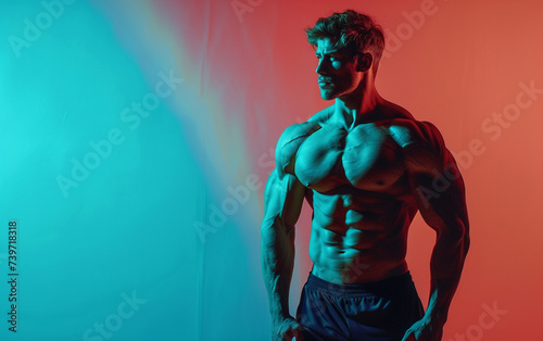 bodybuilder man on solid color background. gym or health concept. Space for text © Syed Qaseem Raza