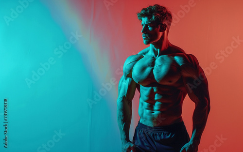 bodybuilder man on solid color background. gym or health concept. Space for text