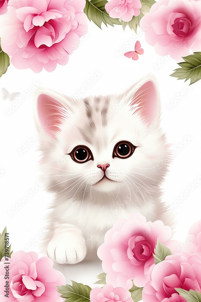 Cute kitten with flowers on white background