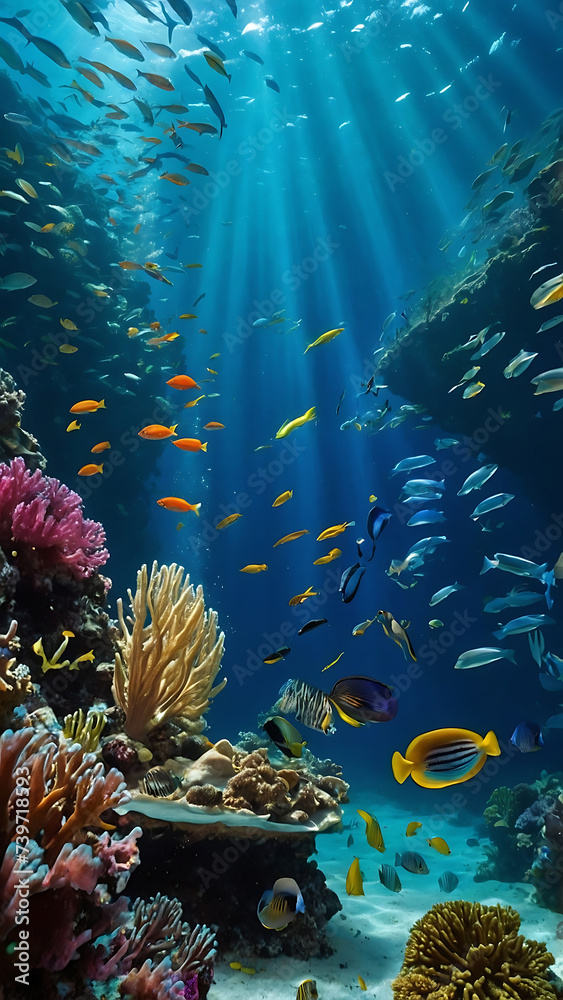 Fototapeta premium underwater and vibrant coral reef teeming with diverse fish species, nestled in the clear, azure waters of the ocean