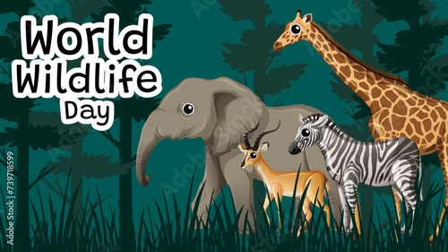 Colorful illustration of diverse animals in the wild.