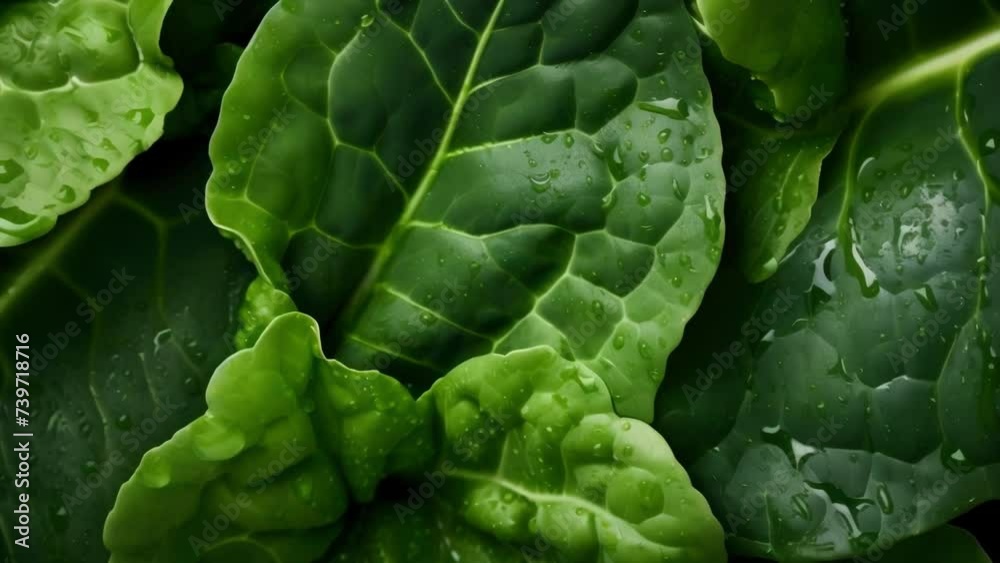 Upclose shot of dark leafy greens, such as kale and spinach, revealing their high nutrient density and ability to boost immune function and lower risk of chronic diseases.