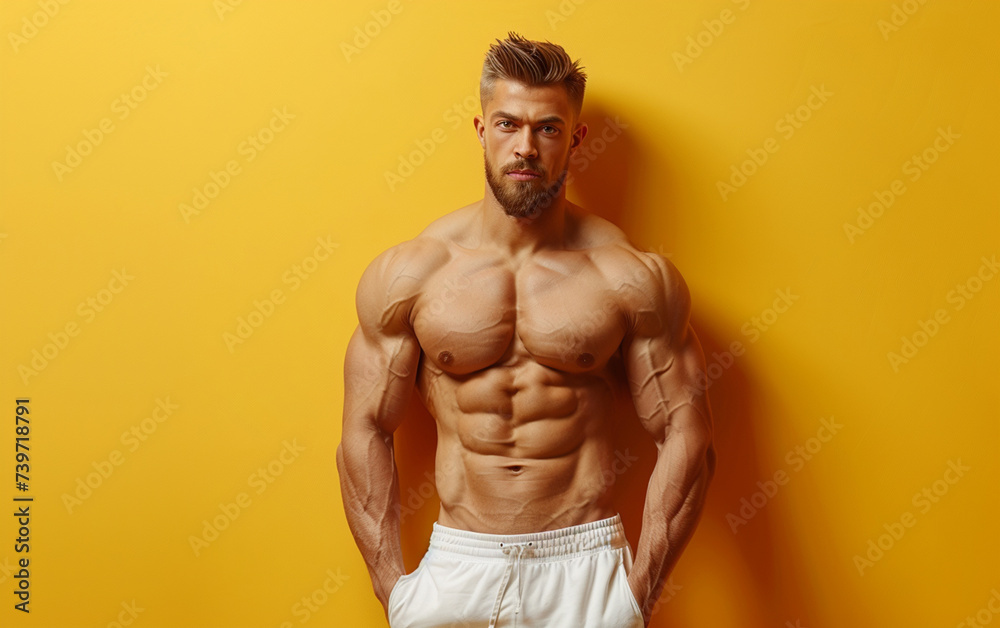 Fototapeta premium bodybuilder man on solid color background. gym or health concept. Space for text