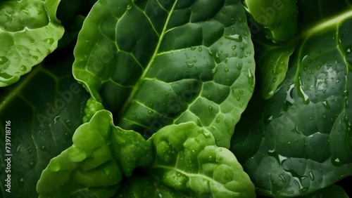 Upclose shot of dark leafy greens, such as kale and spinach, revealing their high nutrient density and ability to boost immune function and lower risk of chronic diseases. photo