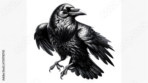 Raven on a white background bird vector illustration animal cartoon tattoo nature head black wild wildlife symbol mascot. Raven on a white background wing feather beak fly animals hawk crow falcon.