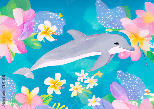 tropical art dolphin and flower