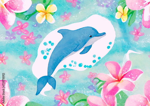 tropical art dolphin and flower