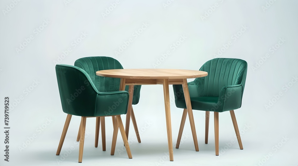 Modern minimalist furniture set with two green chairs and a wooden table against a white background. perfect for contemporary interiors. AI Modern minimalist furniture set with two green chairs and a wooden table against a white background. perfect for contemporary interiors. AI