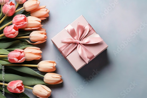 Mother's day or Birthday party concept, Tulip flowers, Gift box top view,Empty Greeting card for Women's or Mother's Day, Birthday, Valentine's day