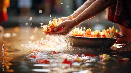During Songkran, devotees present water as temple offerings, symbolizing purification, blessings, and the renewal of spiritual intentions within the sacred atmosphere.
