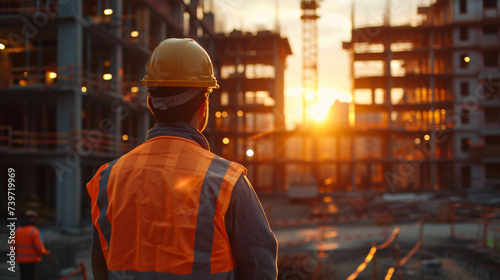 A civil engineer stands looking at the construction site